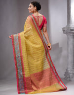 HOUSE OF BEGUM Women's Light Yellow Banarasi Saree with Zari Work and Printed Unstitched Blouse-2