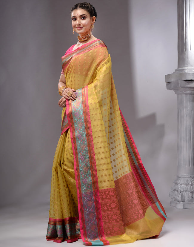 HOUSE OF BEGUM Women's Light Yellow Banarasi Saree with Zari Work and Printed Unstitched Blouse