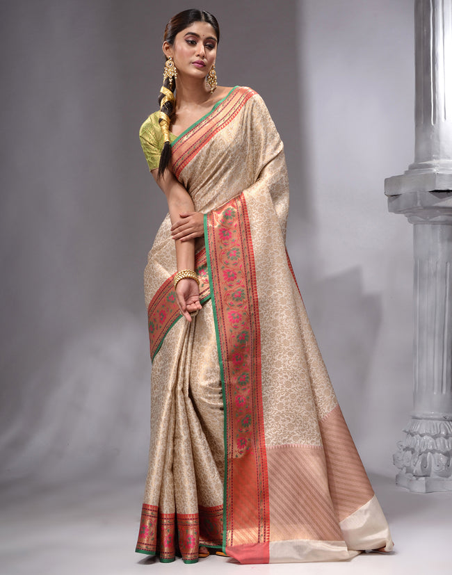 HOUSE OF BEGUM Women's White Banarasi Saree with Zari Work and Printed Unstitched Blouse