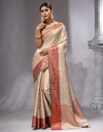 HOUSE OF BEGUM Women's White Banarasi Saree with Zari Work and Printed Unstitched Blouse-4