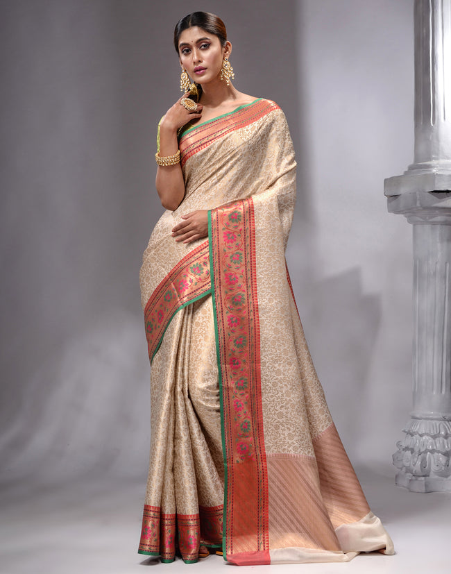 HOUSE OF BEGUM Women's White Banarasi Saree with Zari Work and Printed Unstitched Blouse