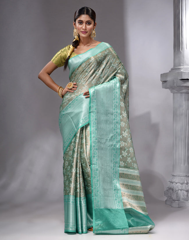 HOUSE OF BEGUM Women's Grey Banarasi Saree with Zari Work and Printed Unstitched Blouse