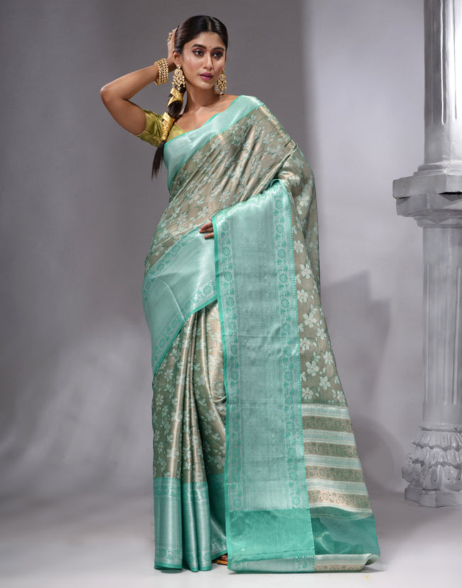 HOUSE OF BEGUM Women's Grey Banarasi Saree with Zari Work and Printed Unstitched Blouse
