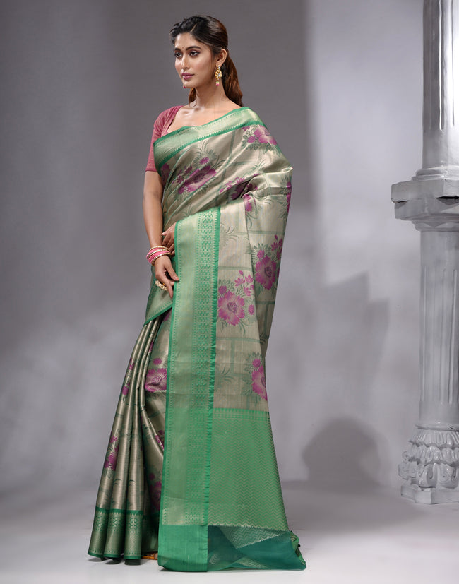 HOUSE OF BEGUM Women's Light Grey Banarasi Saree with Zari Work and Printed Unstitched Blouse