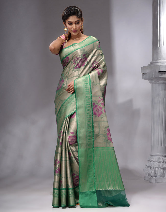 HOUSE OF BEGUM Women's Light Grey Banarasi Saree with Zari Work and Printed Unstitched Blouse