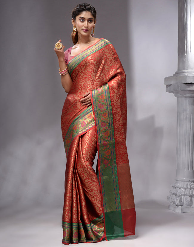 HOUSE OF BEGUM Women's Red Banarasi Saree with Zari Work and Printed Unstitched Blouse