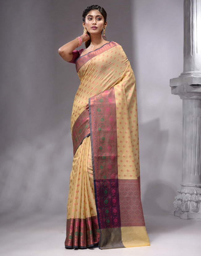 HOUSE OF BEGUM Women's Tussar Banarasi Saree with Zari Work and Printed Unstitched Blouse