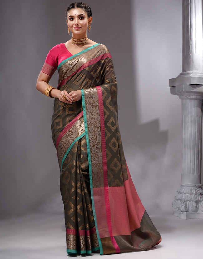 HOUSE OF BEGUM Women's Light Grey Cotton Woven Saree with Zari Work and Unstitched Printed Blouse
