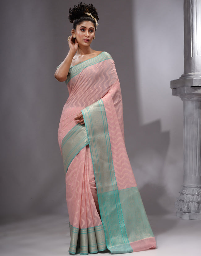 HOUSE OF BEGUM Women's Light Pink Cotton Woven Saree with Zari Work and Unstitched Printed Blouse