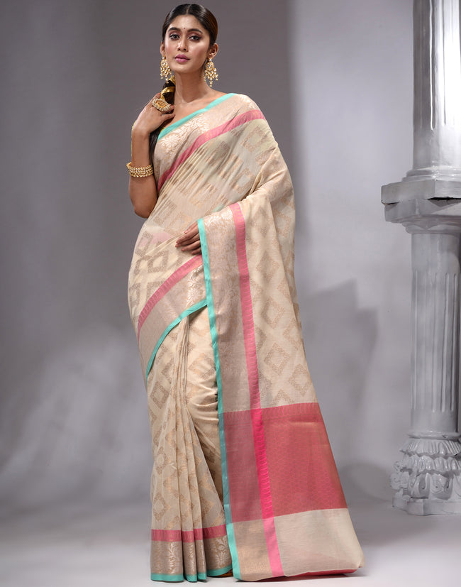 HOUSE OF BEGUM Women's Beige Cotton Woven Saree with Zari Work and Unstitched Printed Blouse