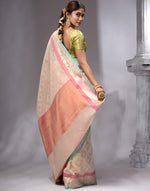 HOUSE OF BEGUM Women's Beige Cotton Woven Saree with Zari Work and Unstitched Printed Blouse-2