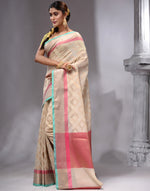 HOUSE OF BEGUM Women's Beige Cotton Woven Saree with Zari Work and Unstitched Printed Blouse-3