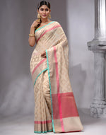 HOUSE OF BEGUM Women's Beige Cotton Woven Saree with Zari Work and Unstitched Printed Blouse-4