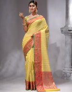 HOUSE OF BEGUM Women's Light Yellow Cotton Woven Saree with Zari Work and Unstitched Printed Blouse