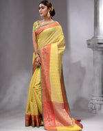 HOUSE OF BEGUM Women's Light Yellow Cotton Woven Saree with Zari Work and Unstitched Printed Blouse-3