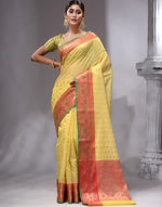 HOUSE OF BEGUM Women's Light Yellow Cotton Woven Saree with Zari Work and Unstitched Printed Blouse-4