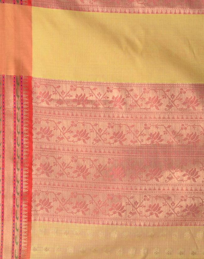 HOUSE OF BEGUM Women's Light Yellow Cotton Woven Saree with Zari Work and Unstitched Printed Blouse