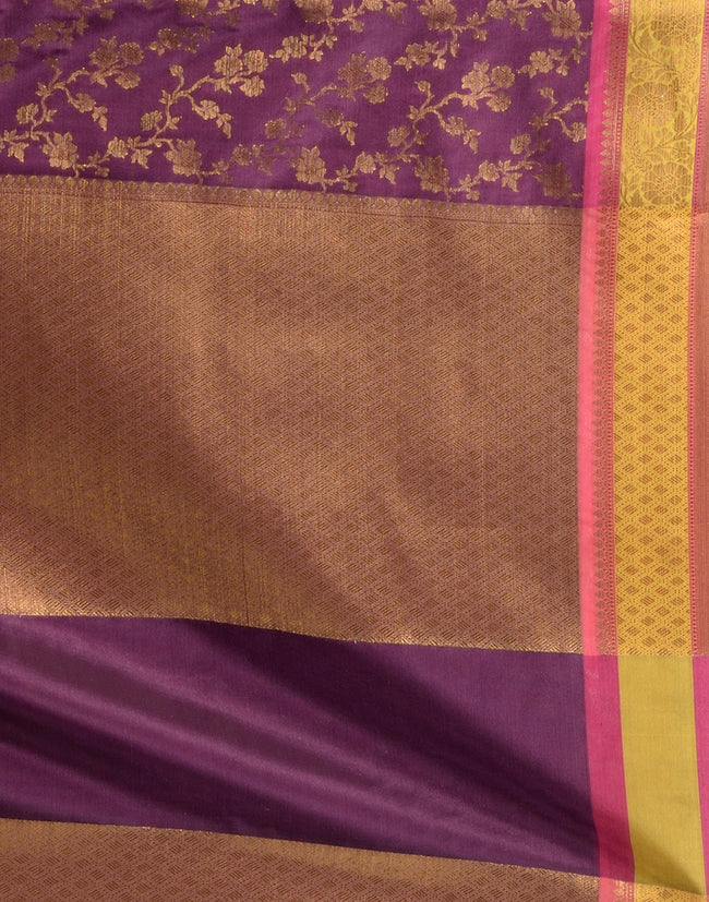 HOUSE OF BEGUM Women's Dark Purple Cotton Woven Saree with Zari Work and Unstitched Printed Blouse