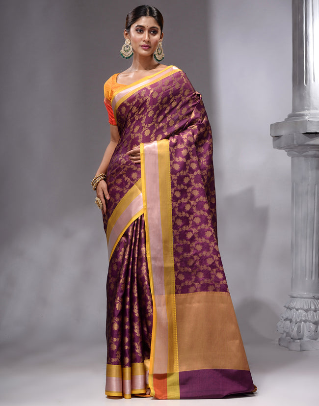 HOUSE OF BEGUM Women's Purple Cotton Woven Saree with Zari Work and Unstitched Printed Blouse