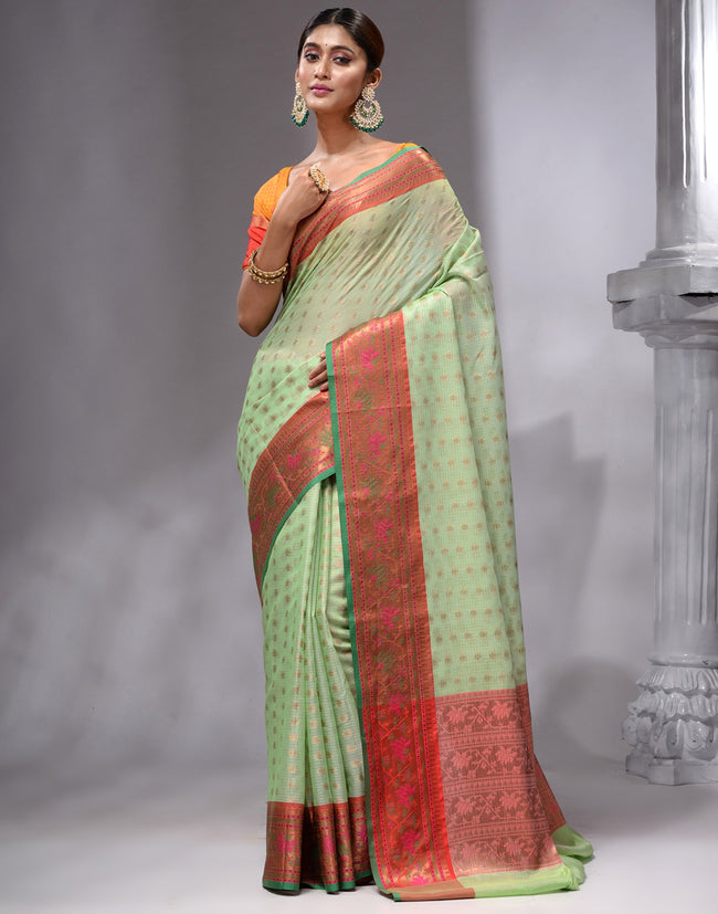 HOUSE OF BEGUM Women's Pista Cotton Woven Saree with Zari Work and Unstitched Printed Blouse