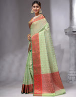 HOUSE OF BEGUM Women's Pista Cotton Woven Saree with Zari Work and Unstitched Printed Blouse-3
