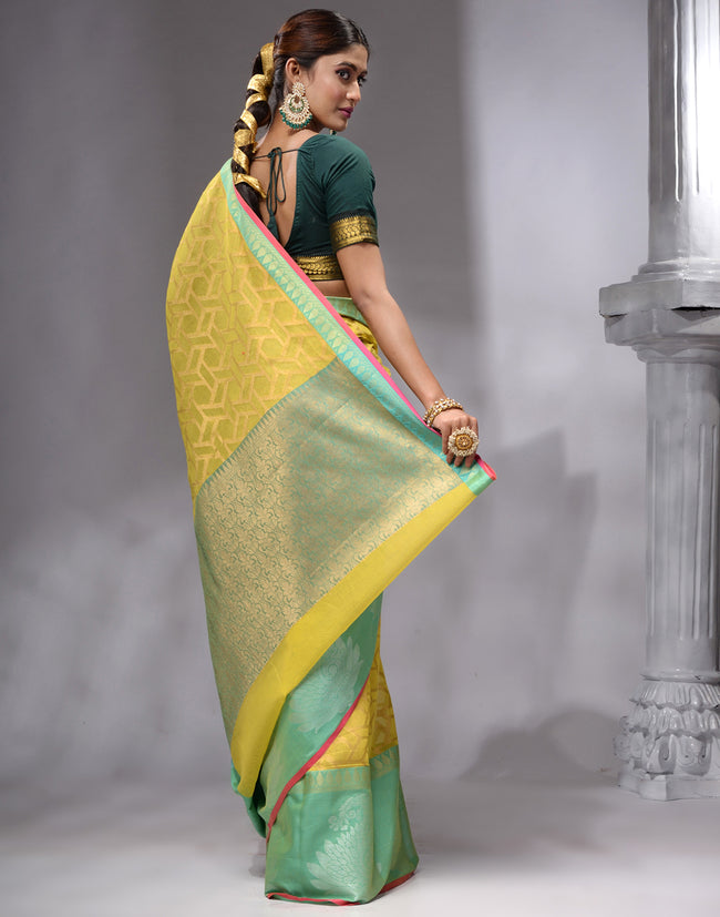 HOUSE OF BEGUM Women's Dark Yellow Cotton Woven Saree with Zari Work and Unstitched Printed Blouse