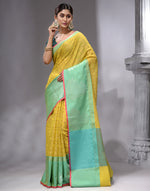 HOUSE OF BEGUM Women's Dark Yellow Cotton Woven Saree with Zari Work and Unstitched Printed Blouse-4