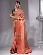 HOUSE OF BEGUM Women's Peach Cotton Woven Saree with Zari Work and Unstitched Printed Blouse-3