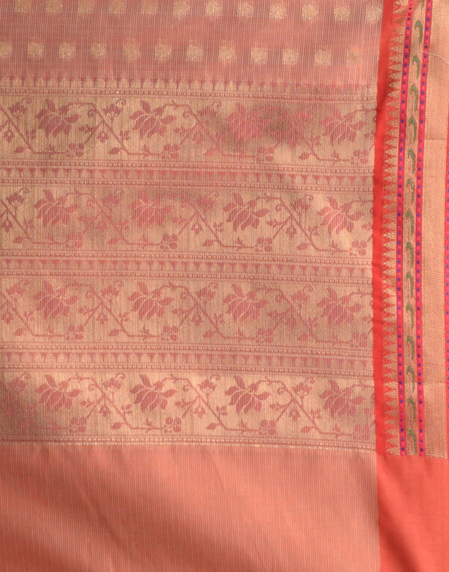 HOUSE OF BEGUM Women's Peach Cotton Woven Saree with Zari Work and Unstitched Printed Blouse