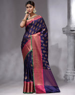 HOUSE OF BEGUM Women's Navy Blue Cotton Woven Saree with Zari Work and Unstitched Printed Blouse