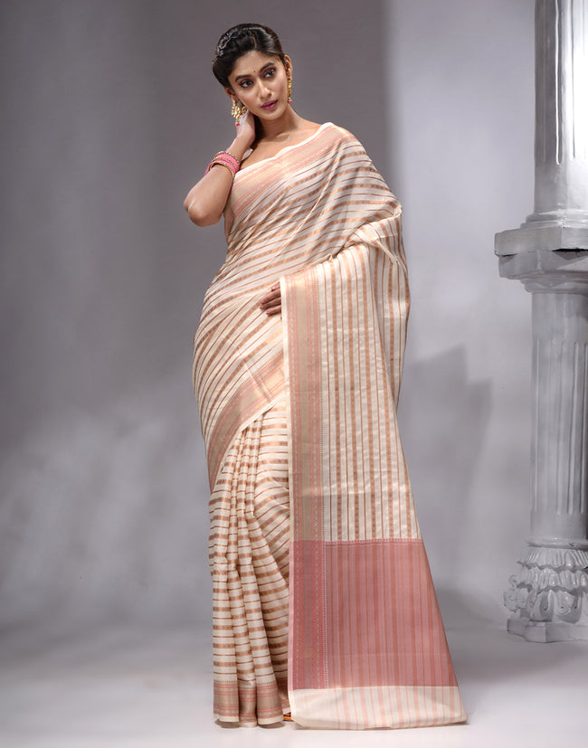 HOUSE OF BEGUM Women's Offwhite Cotton Woven Saree with Zari Work and Unstitched Printed Blouse