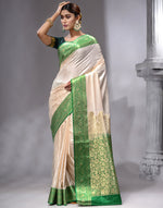 HOUSE OF BEGUM Women's White Cotton Woven Saree with Zari Work and Unstitched Printed Blouse-4