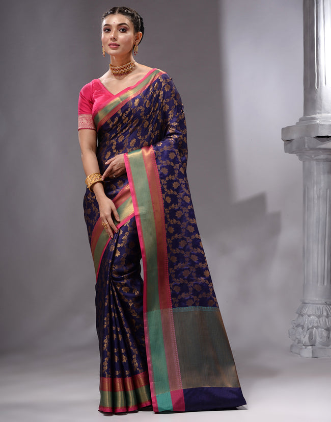 HOUSE OF BEGUM Women's Deep Blue Cotton Woven Saree with Zari Work and Unstitched Printed Blouse