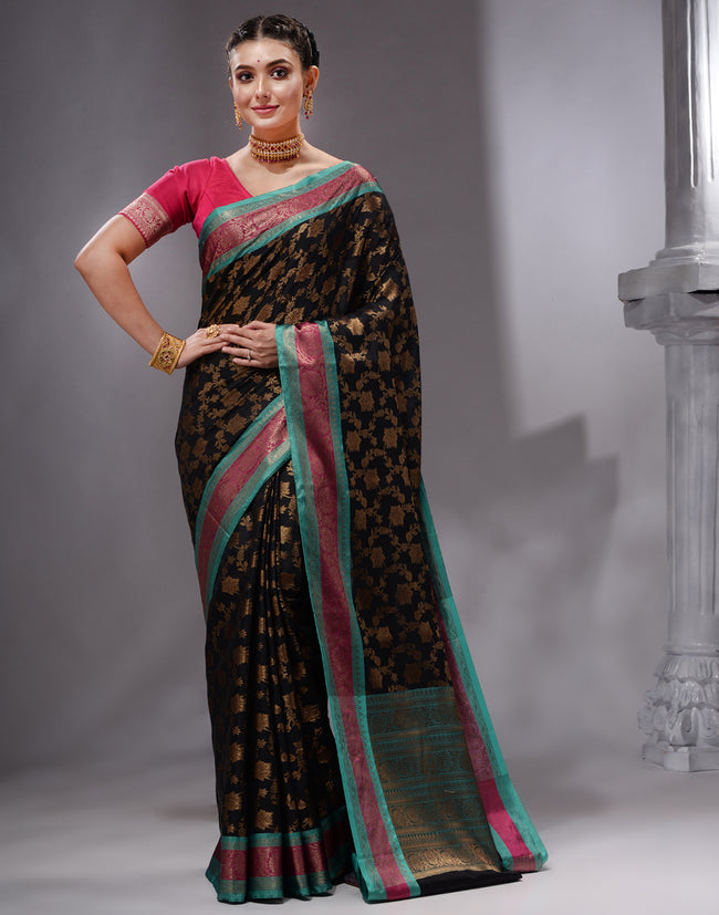 HOUSE OF BEGUM Women's Black Cotton Woven Saree with Zari Work and Unstitched Printed Blouse