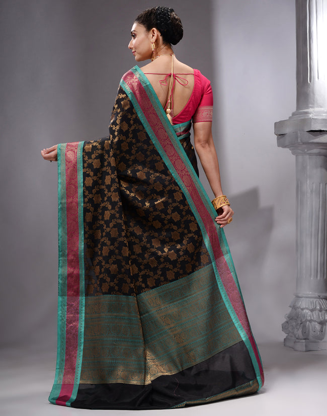 HOUSE OF BEGUM Women's Black Cotton Woven Saree with Zari Work and Unstitched Printed Blouse