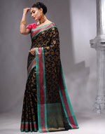 HOUSE OF BEGUM Women's Black Cotton Woven Saree with Zari Work and Unstitched Printed Blouse-3