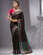 HOUSE OF BEGUM Women's Black Cotton Woven Saree with Zari Work and Unstitched Printed Blouse-4