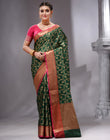 HOUSE OF BEGUM Women's Bottle Green Cotton Woven Saree with Zari Work and Unstitched Printed Blouse