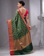 HOUSE OF BEGUM Women's Bottle Green Cotton Woven Saree with Zari Work and Unstitched Printed Blouse-2