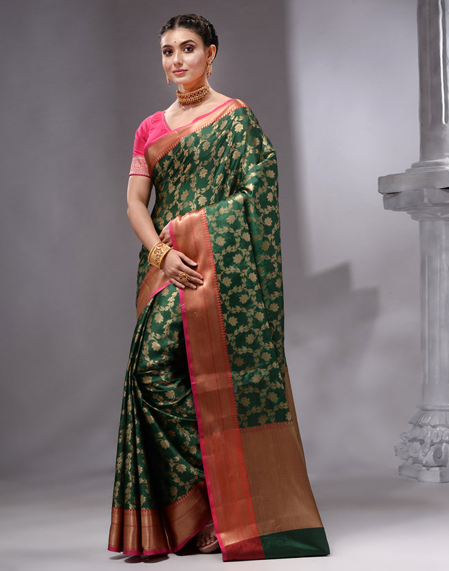 HOUSE OF BEGUM Women's Bottle Green Cotton Woven Saree with Zari Work and Unstitched Printed Blouse