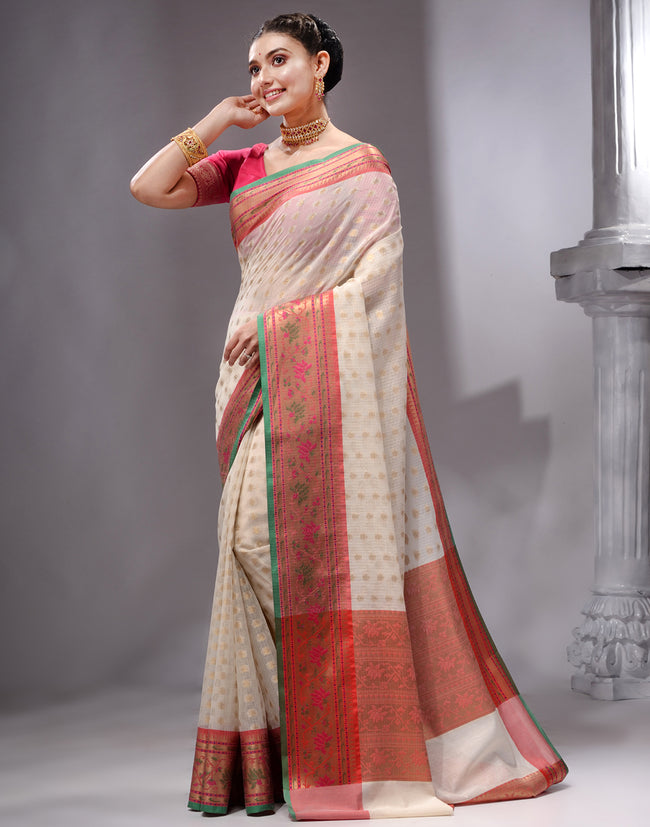 HOUSE OF BEGUM Women's White Cotton Woven Saree with Zari Work and Unstitched Printed Blouse