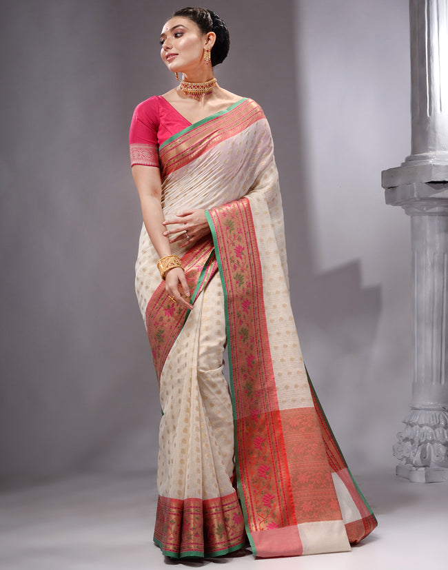 HOUSE OF BEGUM Women's White Cotton Woven Saree with Zari Work and Unstitched Printed Blouse