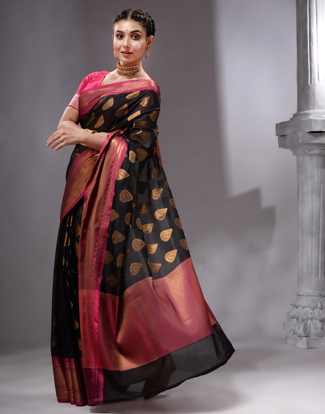 HOUSE OF BEGUM Women's Dark Black Cotton Woven Saree with Zari Work and Unstitched Printed Blouse