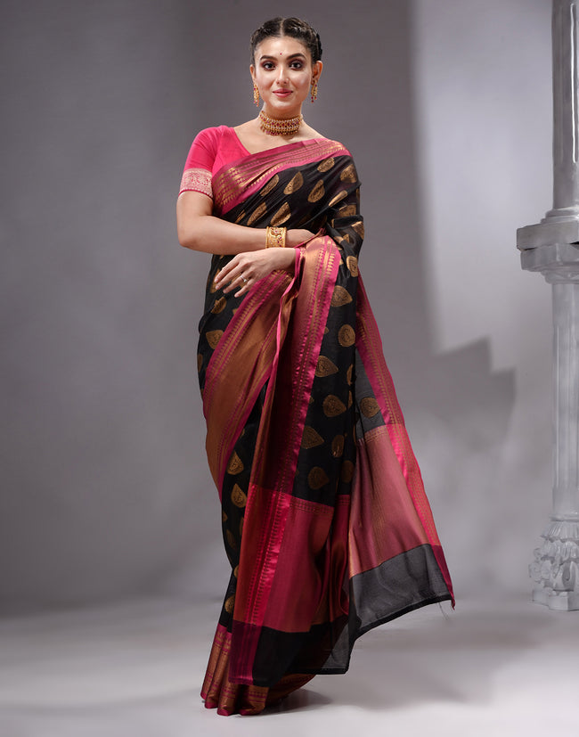 HOUSE OF BEGUM Women's Dark Black Cotton Woven Saree with Zari Work and Unstitched Printed Blouse