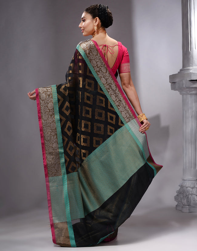 HOUSE OF BEGUM Women's Light Black Cotton Woven Saree with Zari Work and Unstitched Printed Blouse