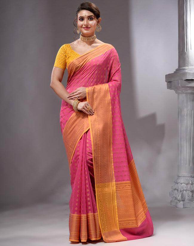 HOUSE OF BEGUM Women's Dark Pink Cotton Woven Saree with Zari Work and Unstitched Printed Blouse