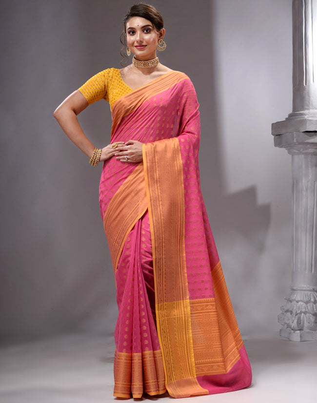 HOUSE OF BEGUM Women's Dark Pink Cotton Woven Saree with Zari Work and Unstitched Printed Blouse