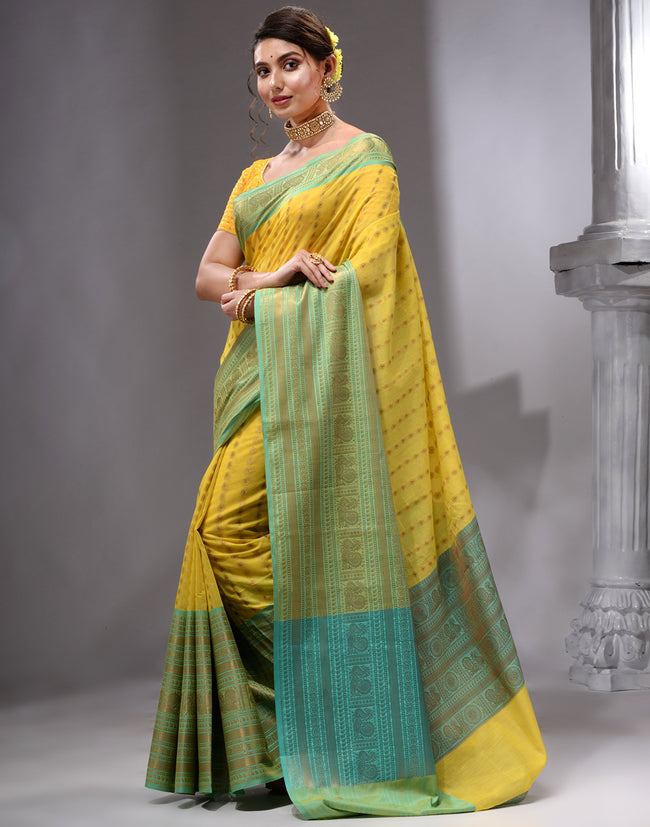 HOUSE OF BEGUM Women's Yellow Cotton Woven Saree with Zari Work and Unstitched Printed Blouse