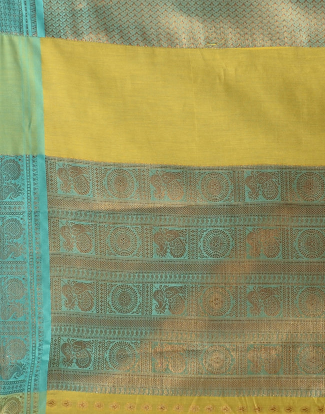 HOUSE OF BEGUM Women's Yellow Cotton Woven Saree with Zari Work and Unstitched Printed Blouse