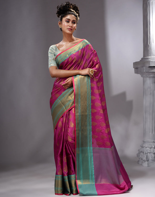 HOUSE OF BEGUM Women's Wine Cotton Woven Saree with Zari Work and Unstitched Printed Blouse